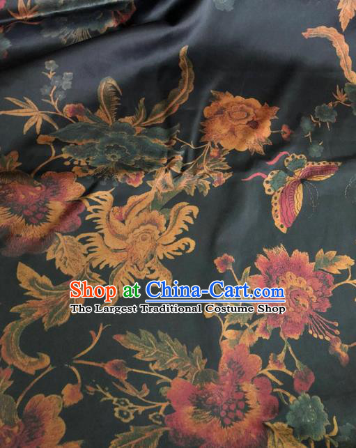 Asian Chinese Classical Butterfly Peony Pattern Navy Satin Drapery Gambiered Guangdong Gauze Brocade Traditional Cheongsam Brocade Silk Fabric