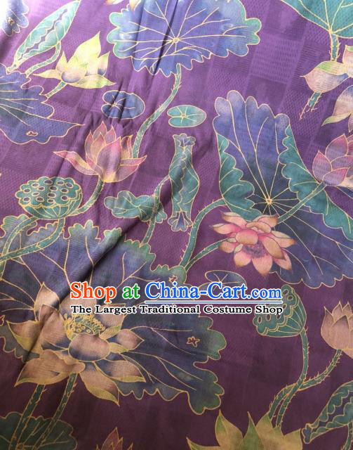 Asian Chinese Classical Lotus Pattern Purple Satin Drapery Gambiered Guangdong Gauze Brocade Traditional Cheongsam Brocade Silk Fabric