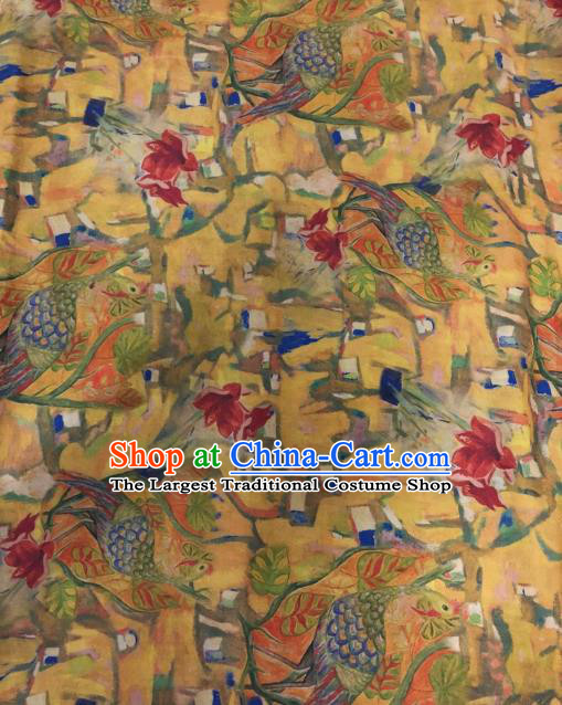 Asian Chinese Classical Peacock Pattern Yellow Satin Drapery Gambiered Guangdong Gauze Brocade Traditional Cheongsam Brocade Silk Fabric