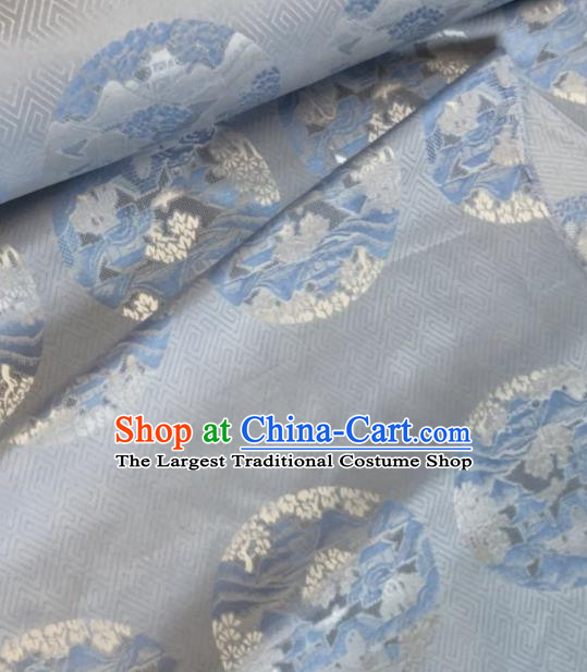 Asian Chinese Classical Pattern Blue Satin Drapery Gambiered Guangdong Gauze Brocade Traditional Cheongsam Brocade Silk Fabric