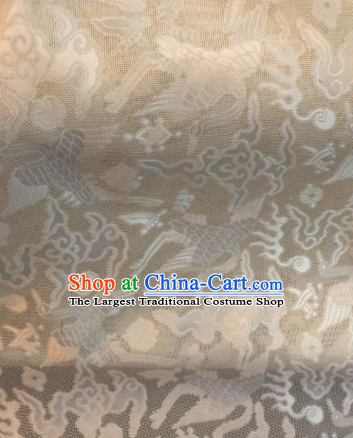 Asian Chinese Classical Cloud Cranes Pattern White Satin Drapery Gambiered Guangdong Gauze Brocade Traditional Cheongsam Brocade Silk Fabric