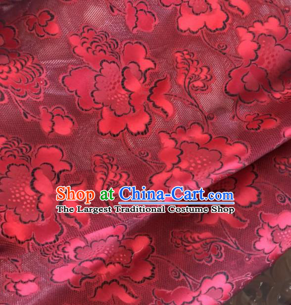 Asian Chinese Classical Twine Flowers Pattern Wine Red Satin Drapery Gambiered Guangdong Gauze Brocade Traditional Cheongsam Brocade Silk Fabric