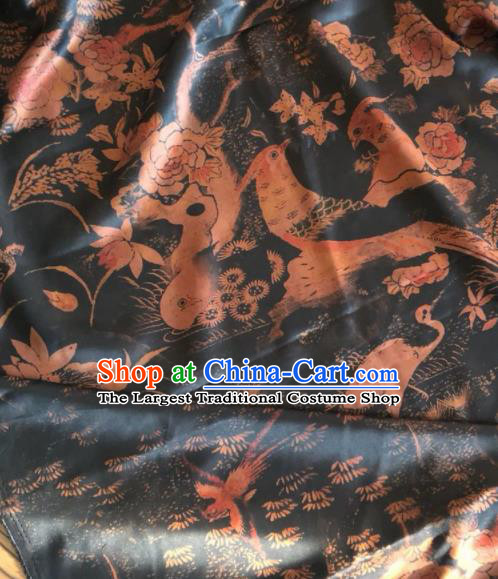 Asian Chinese Classical Birds Pattern Black Satin Drapery Gambiered Guangdong Gauze Brocade Traditional Cheongsam Brocade Silk Fabric