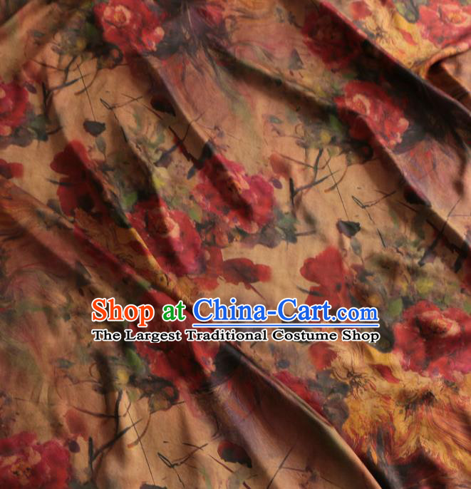 Asian Chinese Classical Peony Pattern Khaki Gambiered Guangdong Gauze Satin Drapery Brocade Traditional Cheongsam Brocade Silk Fabric