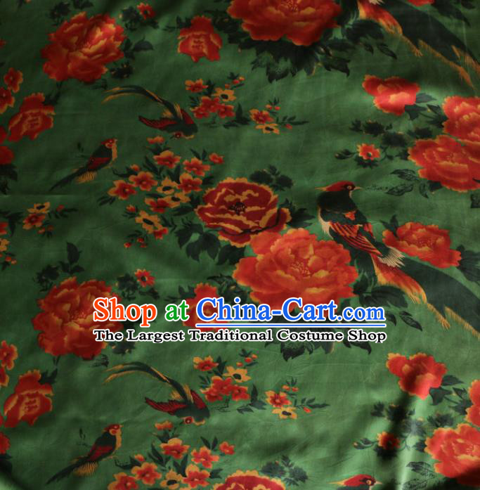 Asian Chinese Classical Peony Birds Pattern Green Gambiered Guangdong Gauze Satin Drapery Brocade Traditional Cheongsam Brocade Silk Fabric