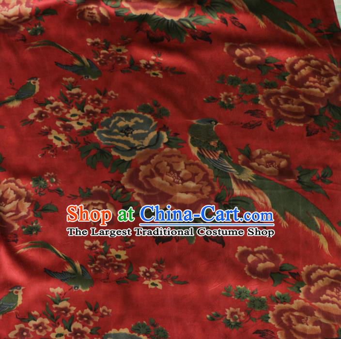 Asian Chinese Classical Peony Birds Pattern Red Gambiered Guangdong Gauze Satin Drapery Brocade Traditional Cheongsam Brocade Silk Fabric