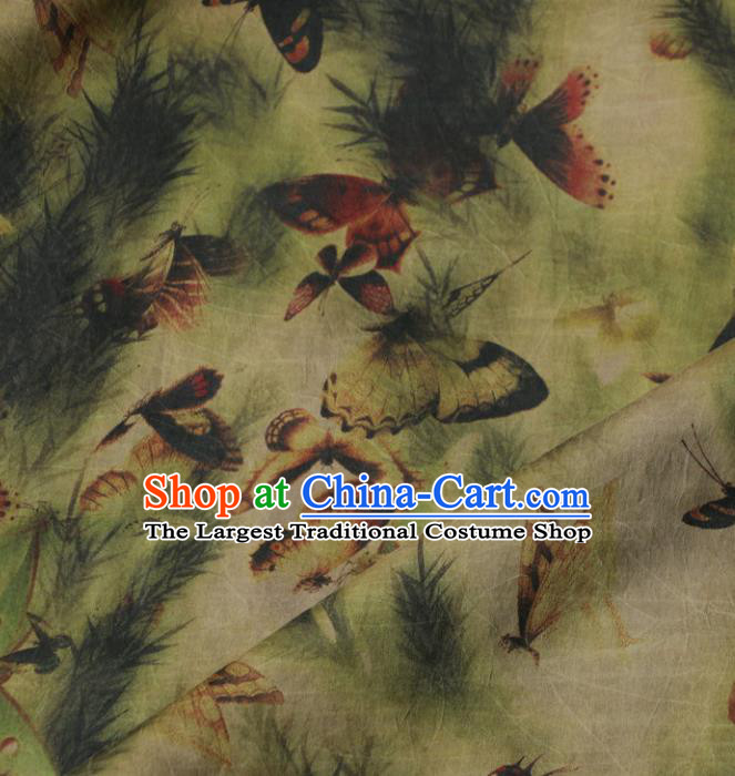 Asian Chinese Classical Butterfly Pattern Green Gambiered Guangdong Gauze Satin Drapery Brocade Traditional Cheongsam Brocade Silk Fabric