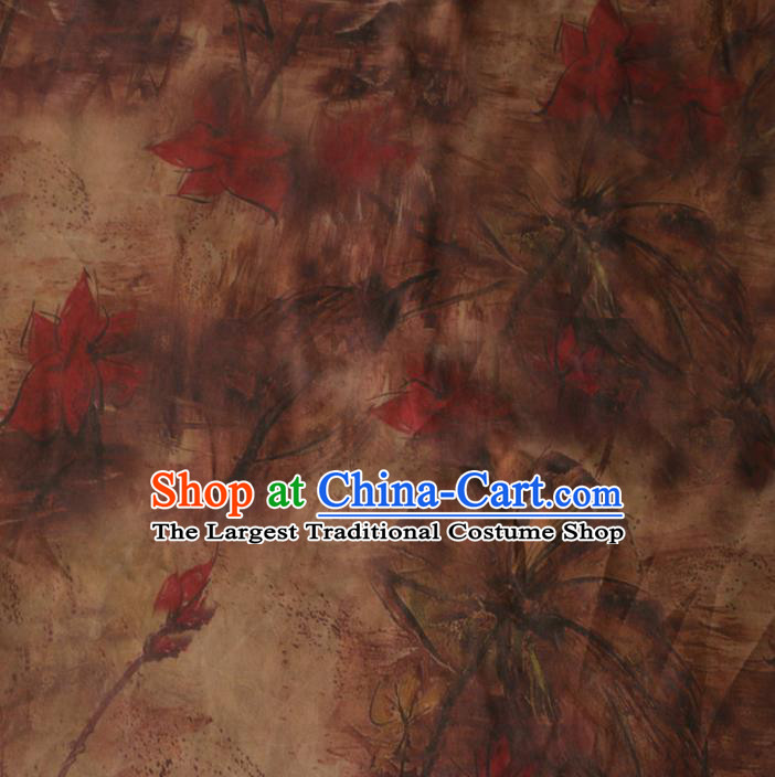 Asian Chinese Classical Red Lotus Pattern Gambiered Guangdong Gauze Satin Drapery Brocade Traditional Cheongsam Brocade Silk Fabric