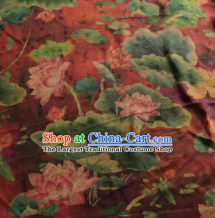 Asian Chinese Classical Lotus Pattern Wine Red Gambiered Guangdong Gauze Satin Drapery Brocade Traditional Cheongsam Brocade Silk Fabric