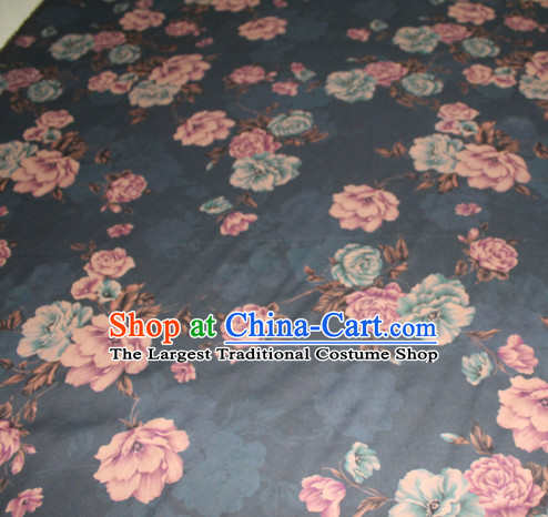 Asian Chinese Cheongsam Classical Roses Pattern Navy Gambiered Guangdong Gauze Satin Drapery Brocade Traditional Brocade Silk Fabric