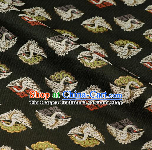 Japanese Traditional Kimono Classical Cranes Pattern Black Brocade Asian Japan Satin Drapery Silk Fabric