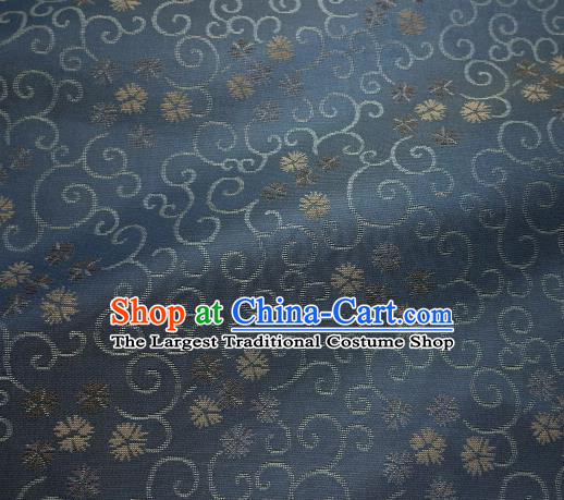 Japanese Traditional Kimono Classical Floral Scrolls Pattern Navy Brocade Asian Japan Satin Drapery Silk Fabric