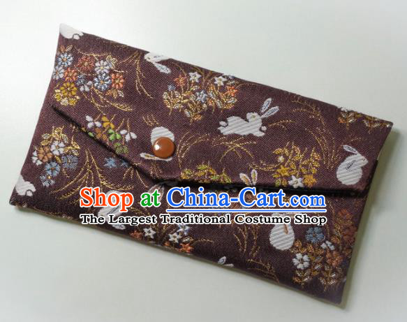 Japanese Traditional Classical Orchid Rabbits Pattern Purple Brocade Handbag Asian Japan Nishijin Satin Bags Wallet