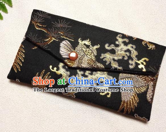 Japanese Traditional Classical Pine Pattern Black Brocade Handbag Asian Japan Nishijin Satin Bags Wallet