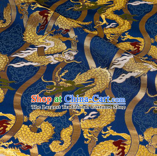 Japanese Traditional Kimono Classical Dragons Pattern Royalblue Brocade Damask Asian Japan Satin Drapery Silk Fabric