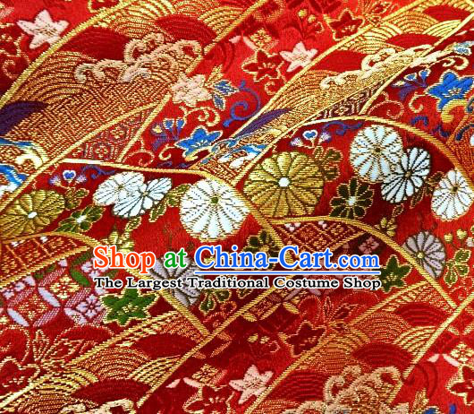 Japanese Traditional Kimono Classical Daisy Pattern Red Brocade Damask Asian Japan Satin Drapery Silk Fabric