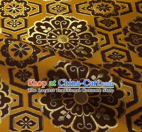 Japanese Traditional Kimono Classical Flowers Pattern Yellow Brocade Damask Asian Japan Satin Drapery Silk Fabric