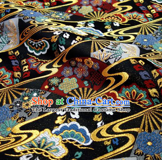 Japanese Traditional Kimono Classical Fans Pattern Black Brocade Damask Asian Japan Nishijin Satin Drapery Silk Fabric