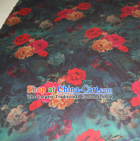 Asian Chinese Cheongsam Classical Peony Pattern Dark Green Gambiered Guangdong Gauze Satin Drapery Brocade Traditional Brocade Silk Fabric