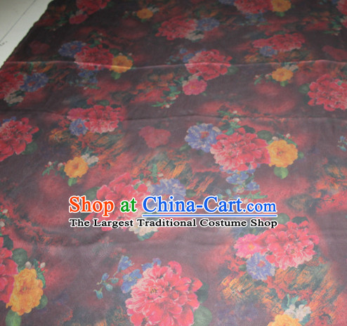 Chinese Traditional Cheongsam Classical Flowers Pattern Wine Red Gambiered Guangdong Gauze Asian Satin Drapery Brocade Silk Fabric