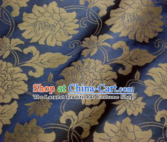 Japanese Traditional Kimono Classical Peony Pattern Navy Brocade Damask Asian Japan Nishijin Satin Drapery Silk Fabric