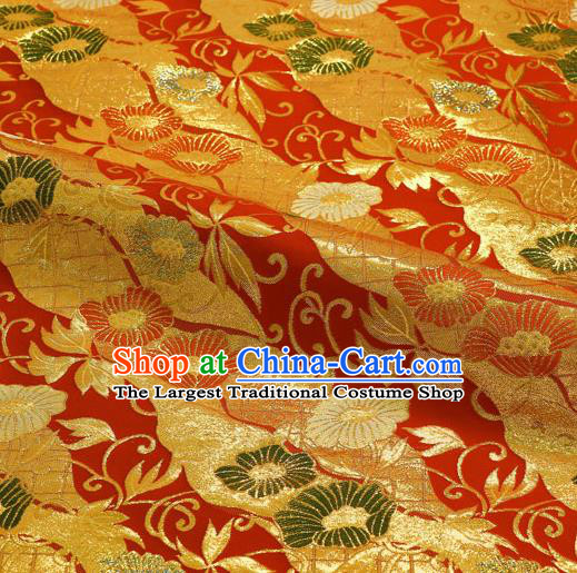 Japanese Traditional Kimono Classical Vines Flowers Pattern Red Brocade Damask Asian Japan Nishijin Satin Drapery Silk Fabric