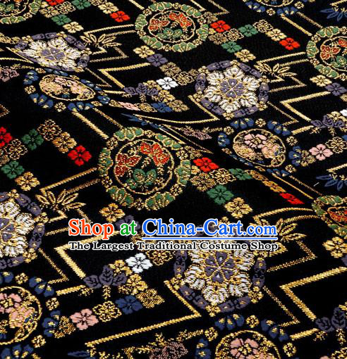 Japanese Traditional Kimono Classical Round Pattern Black Brocade Damask Asian Japan Nishijin Satin Drapery Silk Fabric