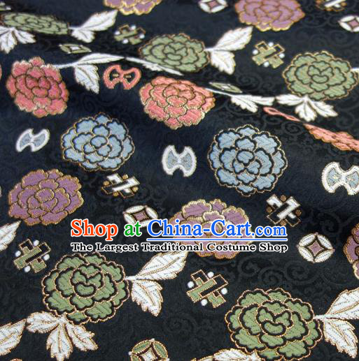 Japanese Traditional Kimono Classical Peony Pattern Black Brocade Damask Asian Japan Nishijin Satin Drapery Silk Fabric