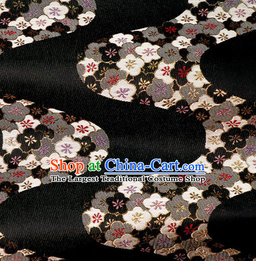 Japanese Traditional Kimono Classical Flow Sakura Pattern Black Brocade Damask Asian Japan Nishijin Satin Drapery Silk Fabric