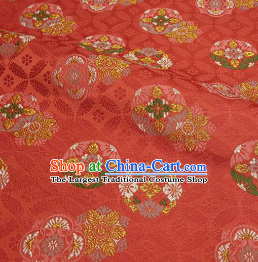 Japanese Traditional Kimono Classical Qibao Flowers Pattern Red Brocade Damask Asian Japan Nishijin Satin Drapery Silk Fabric