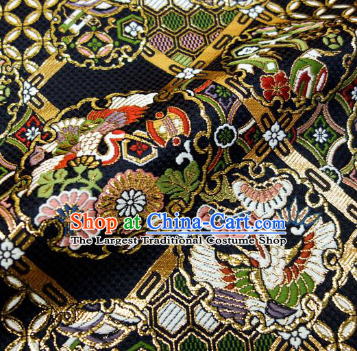 Japanese Traditional Kimono Classical Crane Daisy Pattern Black Brocade Damask Asian Japan Nishijin Satin Drapery Silk Fabric