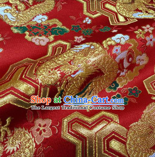 Japanese Traditional Kimono Classical Dragons Pattern Red Brocade Damask Asian Japan Nishijin Satin Drapery Silk Fabric