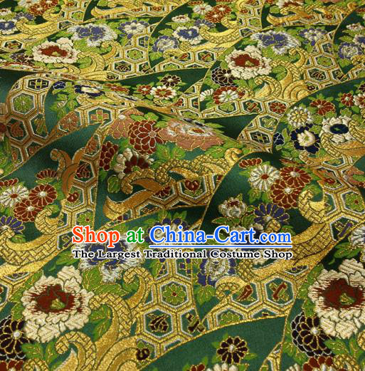 Japanese Traditional Kimono Classical Daisy Pattern Deep Green Brocade Damask Asian Japan Nishijin Satin Drapery Silk Fabric