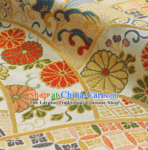 Japanese Traditional Kimono Classical Chrysanthemum Pattern White Brocade Damask Asian Japan Nishijin Satin Drapery Silk Fabric