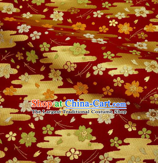 Japanese Traditional Kimono Classical Cloud Sakura Pattern Red Brocade Damask Asian Japan Nishijin Satin Drapery Silk Fabric