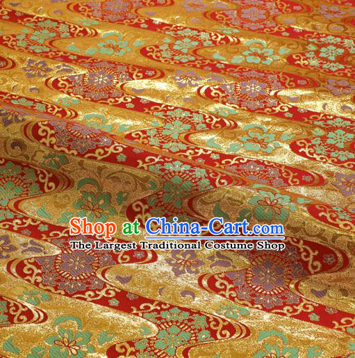 Japanese Traditional Kimono Classical Flow Pattern Red Brocade Damask Asian Japan Nishijin Satin Drapery Silk Fabric