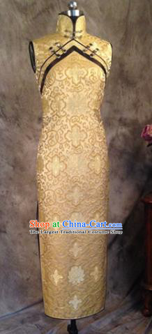 Chinese Traditional Customized Golden Cheongsam National Costume Classical Qipao Dress for Women