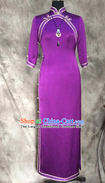 Chinese Traditional Customized Purple Silk Cheongsam National Costume Classical Qipao Dress for Women