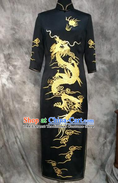 Chinese Traditional Customized Printing Dragon Black Silk Cheongsam National Costume Classical Qipao Dress for Women