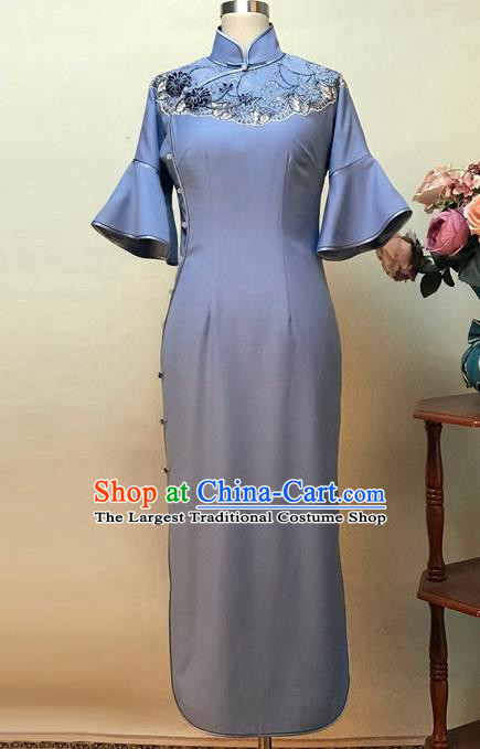 Chinese Traditional Customized Blue Silk Cheongsam National Costume Classical Qipao Dress for Women