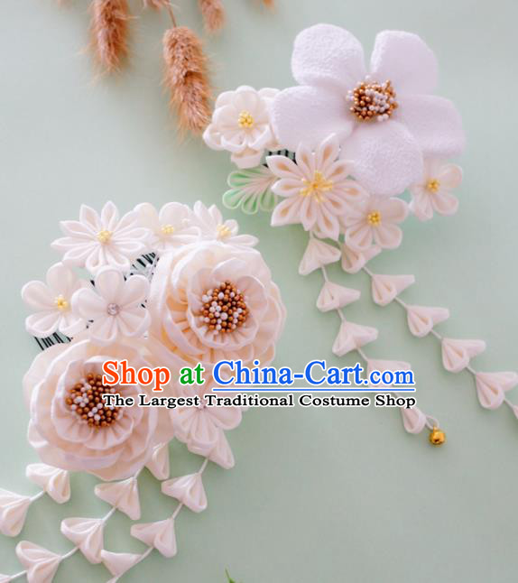 Japanese Traditional Hair Accessories Asian Japan Geisha White Flowers Tassel Hairpins for Women