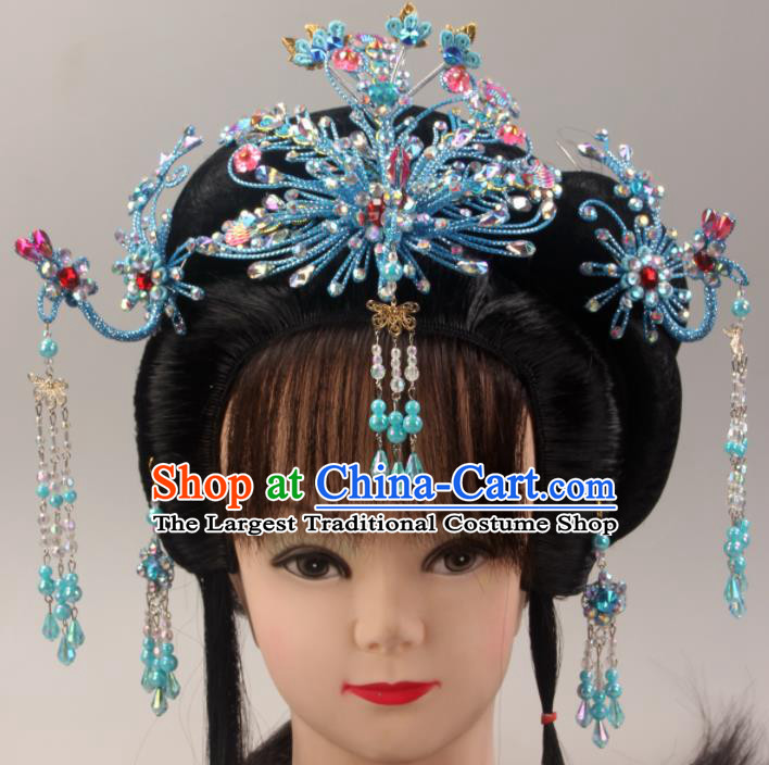 Traditional Chinese Beijing Opera Queen Blue Phoenix Hairpins Hair Accessories Ancient Court Princess Headwear for Women