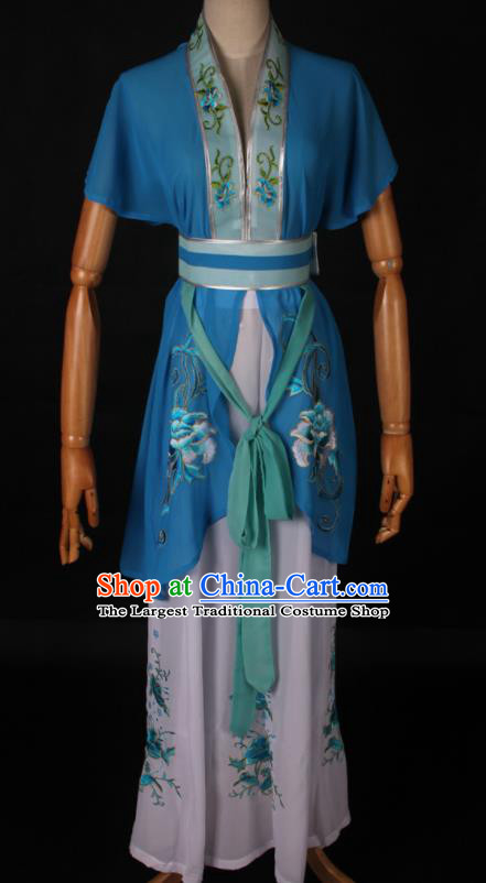 Traditional Chinese Shaoxing Opera Maidservant Lake Blue Dress Ancient Peking Opera Poor Lady Costume for Women