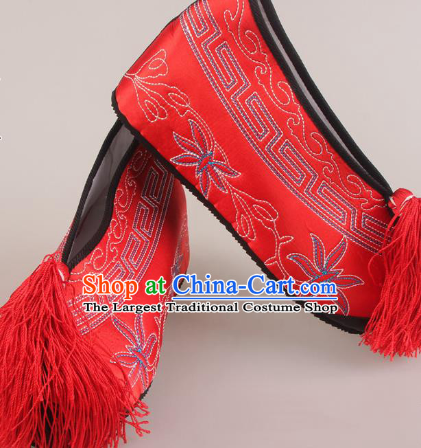 Traditional Chinese Beijing Opera Diva Red Height Embroidered Shoes Handmade Ancient Princess Blood Stained Shoes for Women