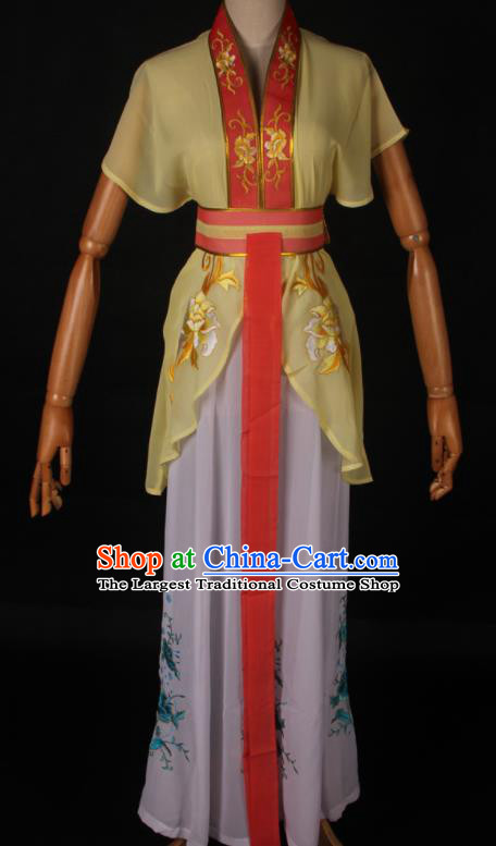 Traditional Chinese Shaoxing Opera Maidservant Yellow Dress Ancient Peking Opera Poor Lady Costume for Women