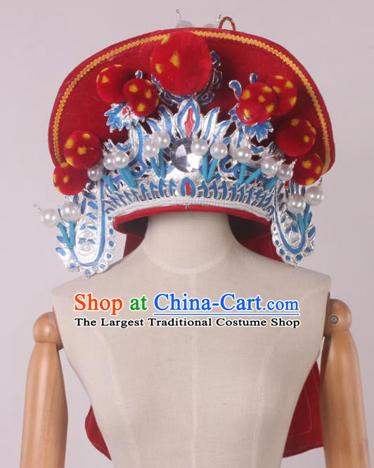 Traditional Chinese Shaoxing Opera Takefu Red Hat Ancient Soldier Helmet Headwear for Men