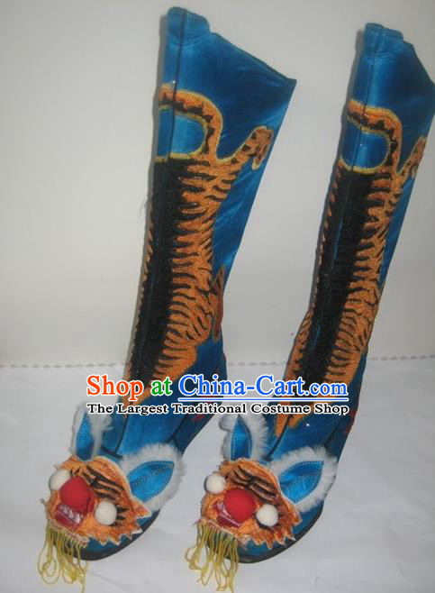 Traditional Chinese Beijing Opera Takefu Blue Boots Handmade Ancient General Tiger Shoes for Men