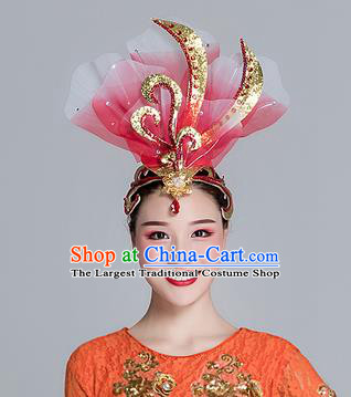 Traditional Chinese Folk Dance Red Silk Flower Hair Clasp Fan Dance Yanko Dance Headwear for Women