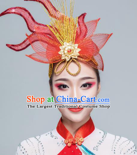 Traditional Chinese Yangko Dance Red Lotus Hair Claw Folk Dance Fan Dance Headwear for Women