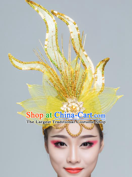 Traditional Chinese Yangko Dance Yellow Lotus Hair Claw Folk Dance Fan Dance Headwear for Women